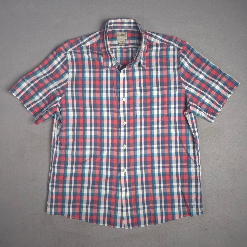 L.L.Bean Mens Large Plaid‎ Short Sleeve Button Down Shirt Organic Cotton